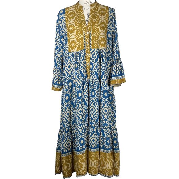 Venice 3 Star Dresses & Skirts - Venice 3 Stars Sz M Long-Sleeve Maxi Dress Soft Blue Gold V-Neck Blue Gold Boho